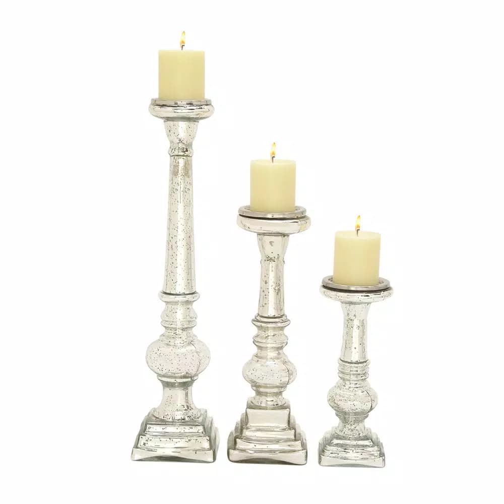 LITTON LANE Silver Glass Square-Based Candle Holders, Set of 3