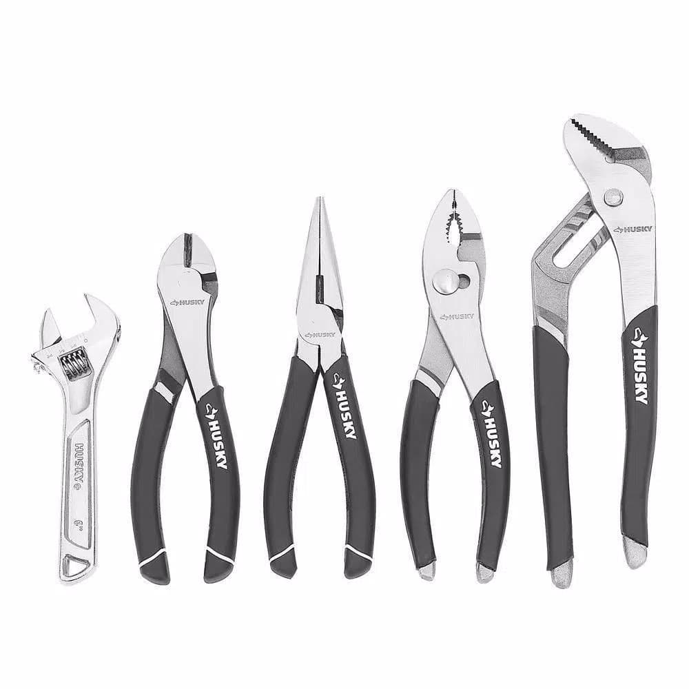 Husky 5-Piece Pliers and Wrench Set, Includes Diagonal, Long Nose, Slip Joint, Groove Joint, and Adjustable Wrench