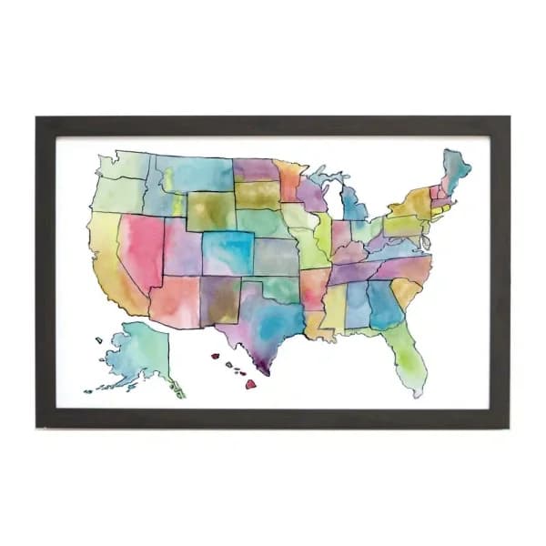 Petal Lane Home Watercolor US Map Magnetic Memo Board with Ebony Frame