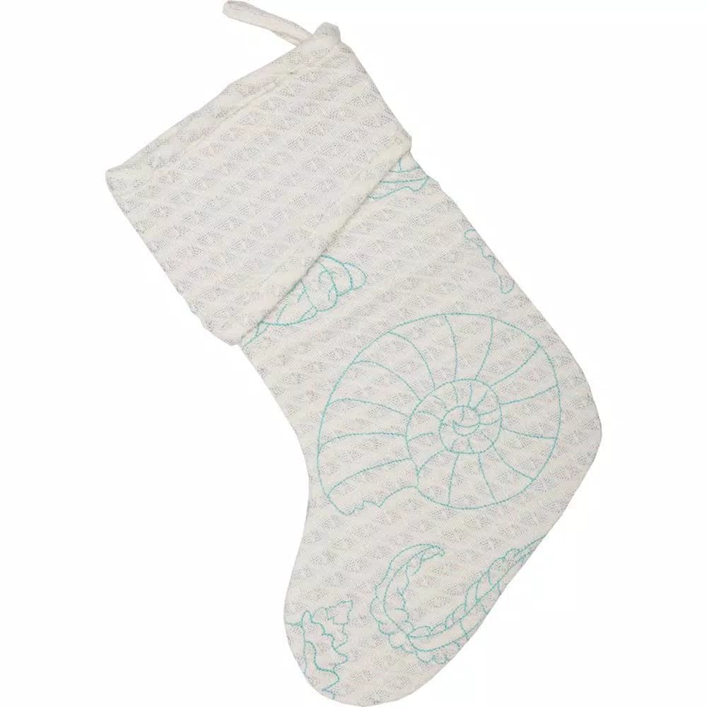 VHC Brands Arielle 15 in. Coastal Christmas Stocking - White Cotton with Metallic Silver Thread & Blue Aquatic Motif
