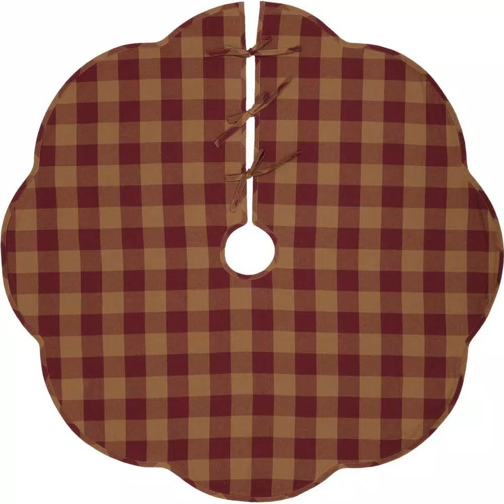VHC Brands 48 in. Burgundy Check Red Primitive Christmas Tree Skirt with Scalloped Edge