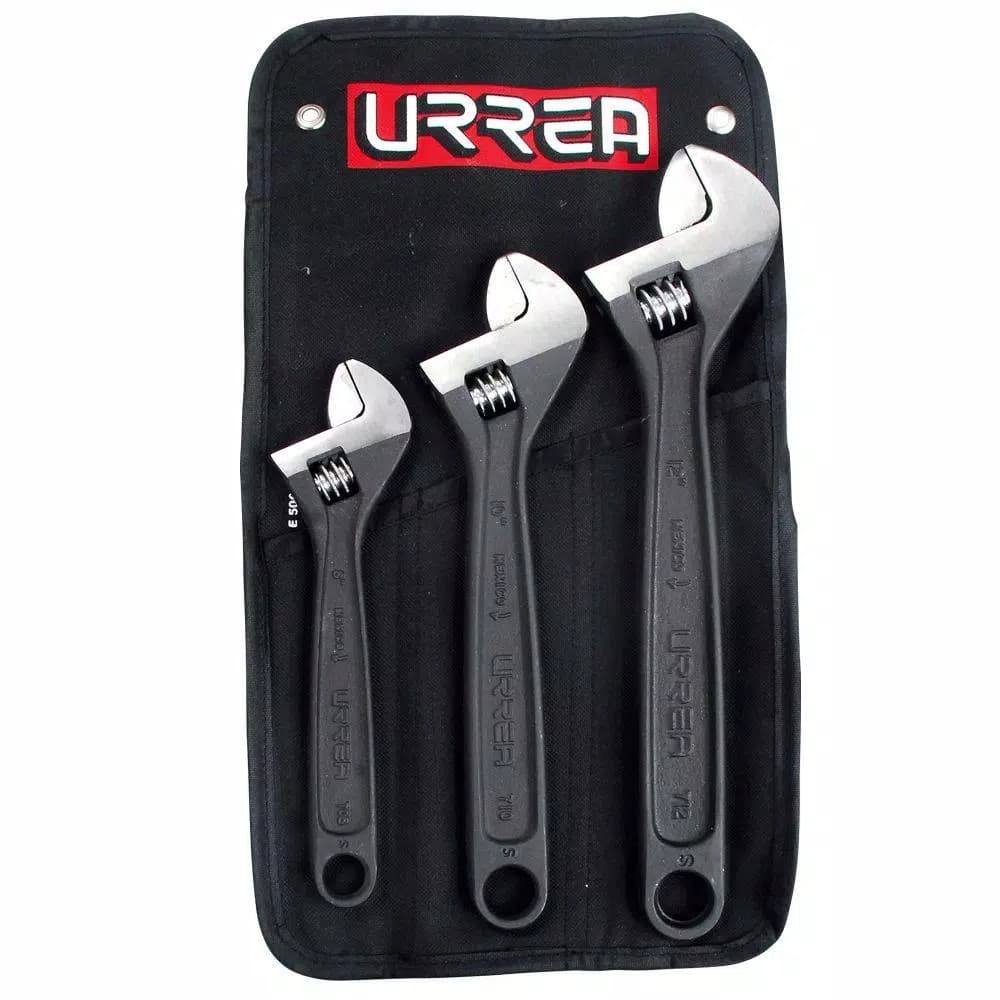 URREA 3-Piece Adjustable Wrench Set, 8 in., 10 in., and 12 in. with Black Corrosion-Resistant Finish
