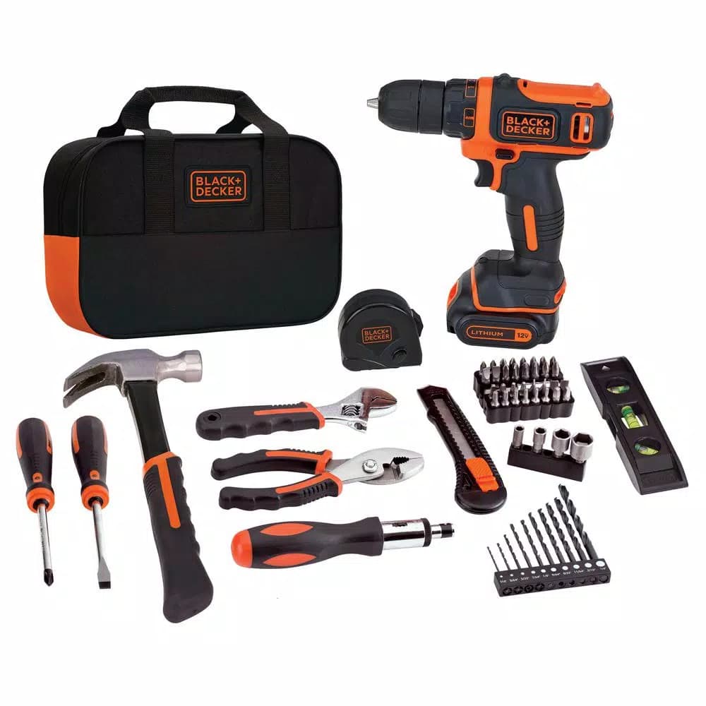 BLACK+DECKER 12V MAX Lithium-Ion Cordless Drill/Driver 57-Piece Project Kit with 1.5Ah Battery, Charger & Tool Bag