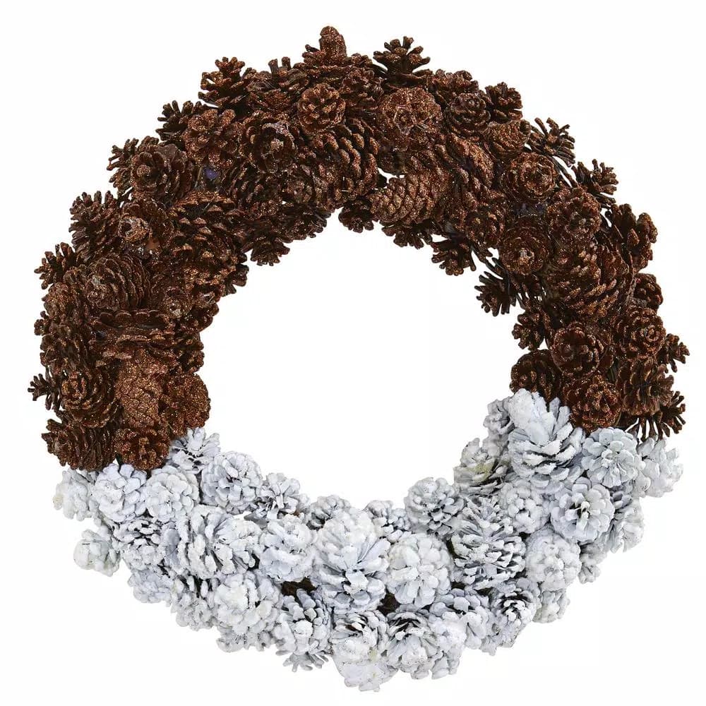 Nearly Natural 20 in. Frosted Pine Cone Wreath - White and Brown Winter Decor