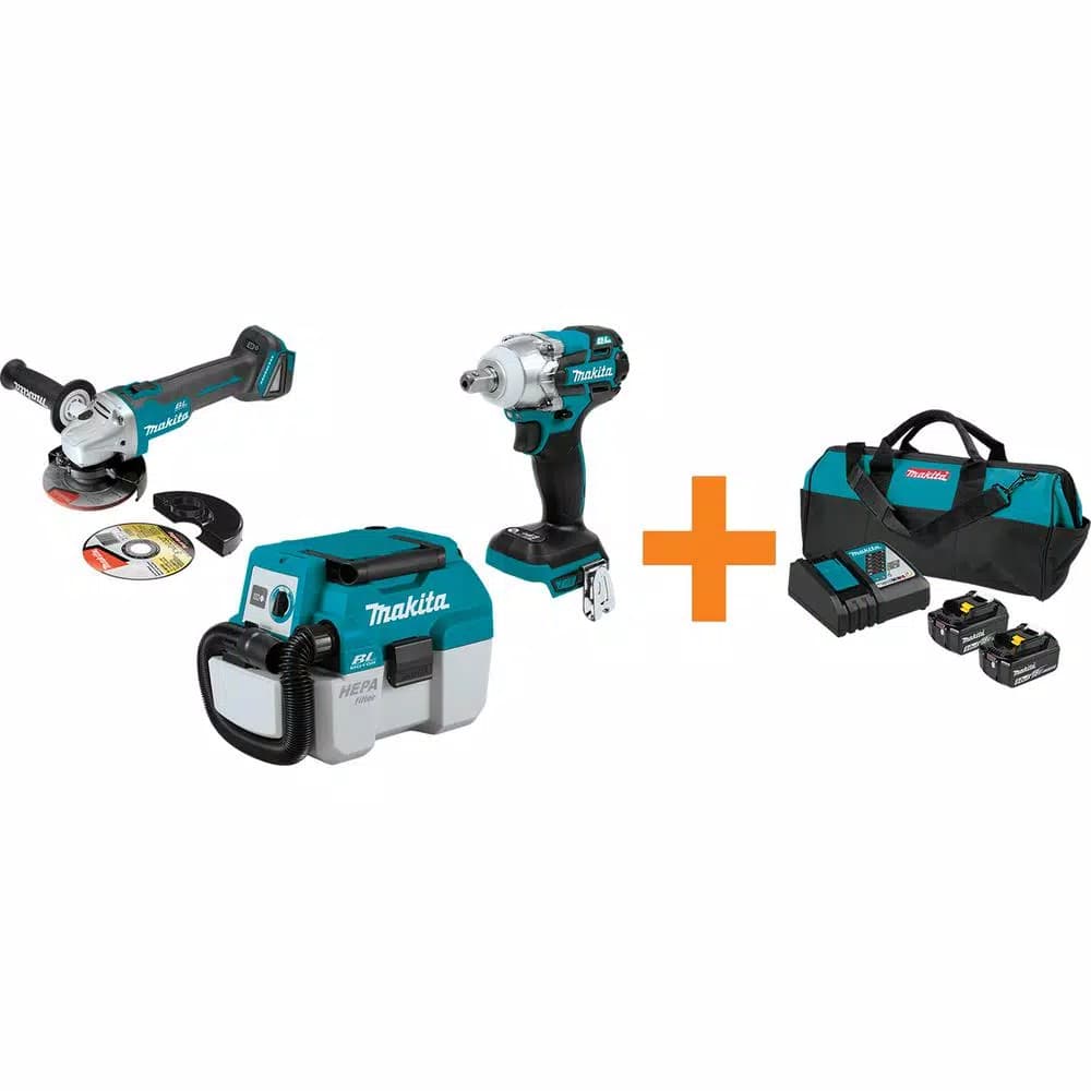 Makita 18V LXT Brushless Angle Grinder, Impact Wrench & 2 Gal. Vacuum Combo Kit with 5.0Ah Battery & Charger