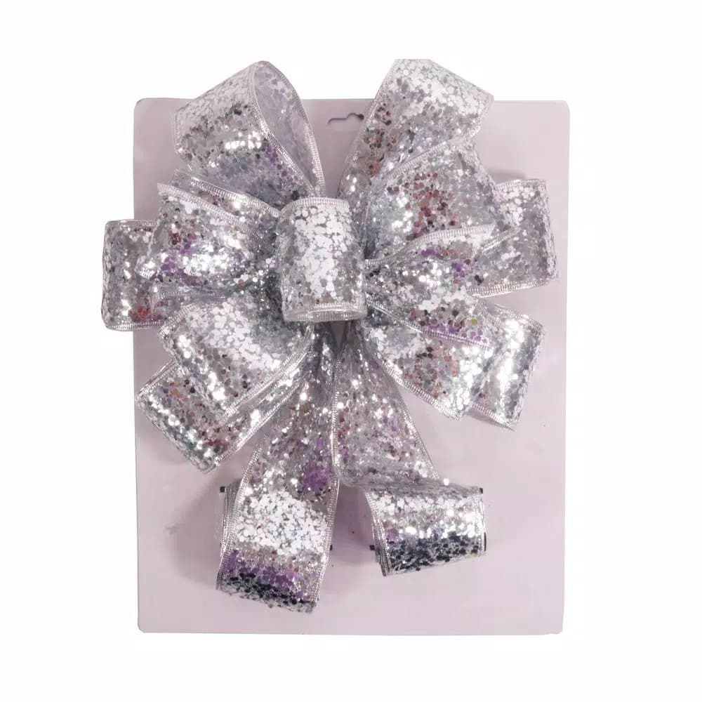 Santaland Sparkle 11 in. x 31 in. Silver Burlap Christmas Tree Topper Bow