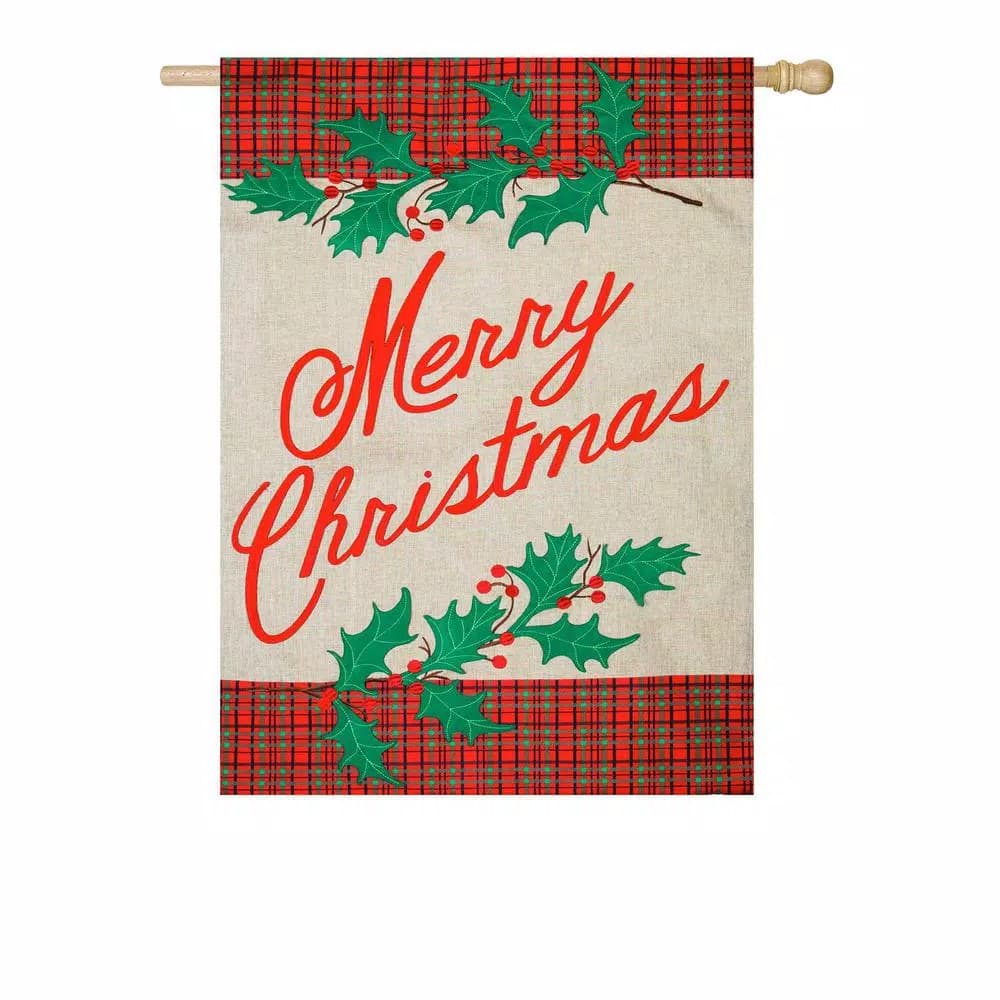 Evergreen 28 in. x 44 in. Merry Christmas Plaid House Burlap Style Flag