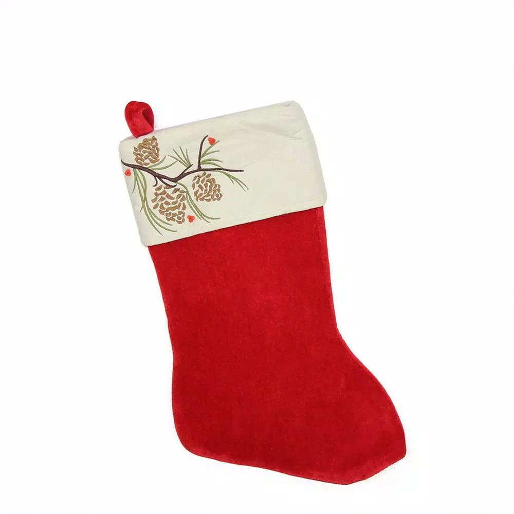 Northlight 19 in. Traditional Red Christmas Stocking with Embroidered Pine Cone Suede Cuff