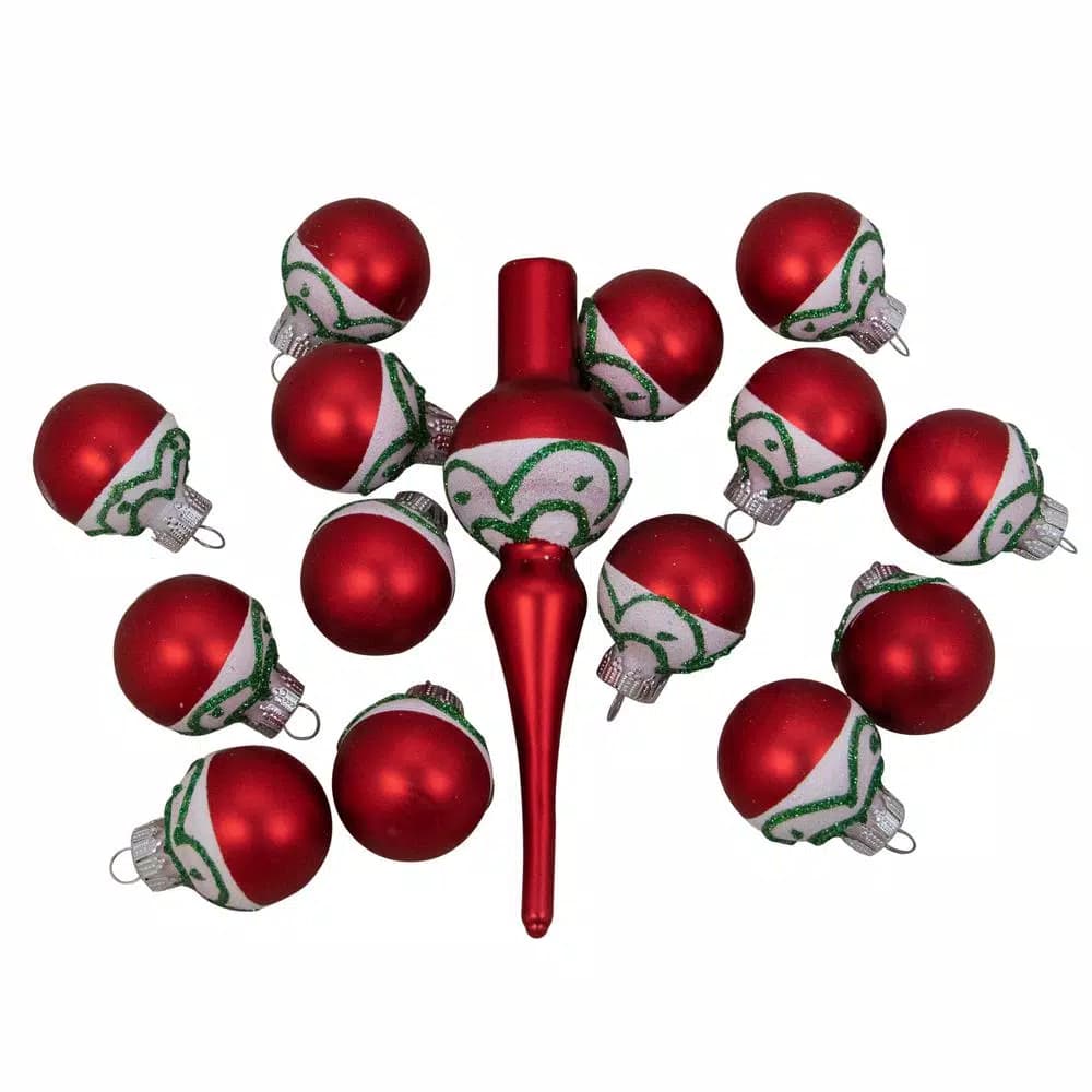 Northlight Red, Green, and White Frosted Glass Christmas Ornament and Tree Topper Set, 15-Piece