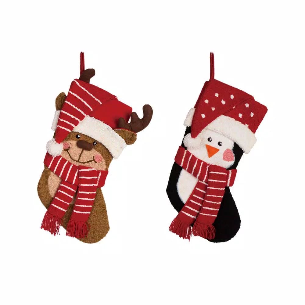 Glitzhome 19 in. 3D Hooked Penguin and Reindeer Christmas Stocking Set of 2
