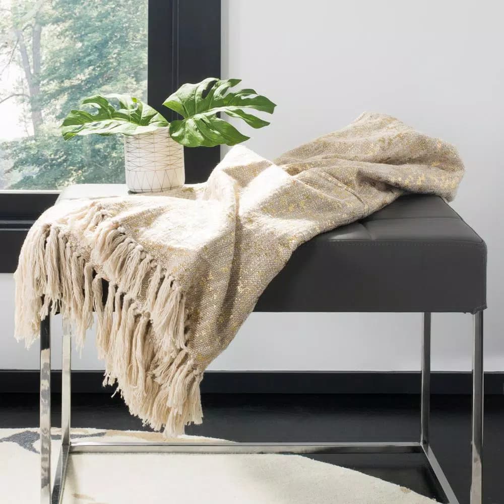 Safavieh Peppin Natural and Gold Geometric Cotton Throw Blanket with Fringe