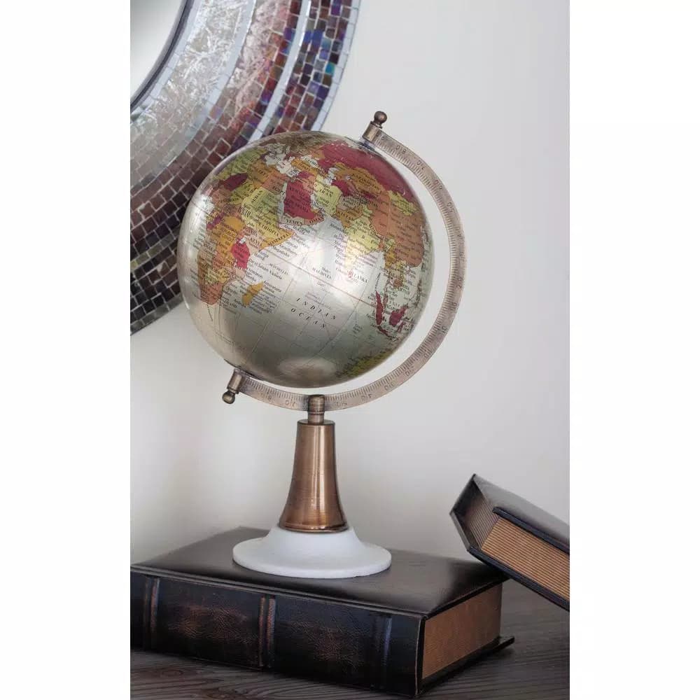 LITTON LANE Modern Reflections 15 in. Decorative Globe with Bronze Iron Axis and White Marble Base