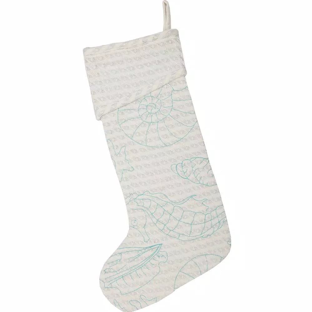 VHC Brands Arielle 20 in. Coastal Christmas Stocking - White Cotton with Metallic Silver Thread and Blue Aquatic Motif