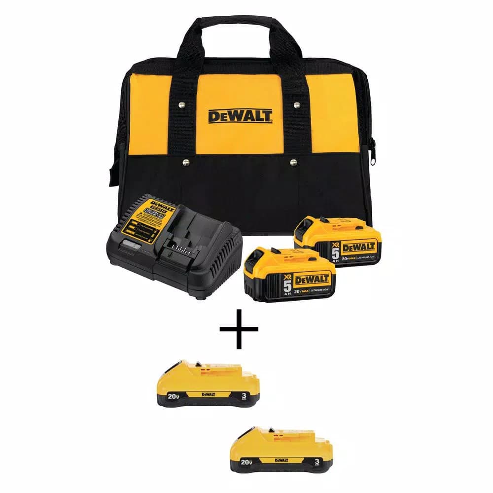 DEWALT 20V MAX XR Lithium-Ion 5.0Ah Battery 2-Pack with Charger and Soft Bag Kit