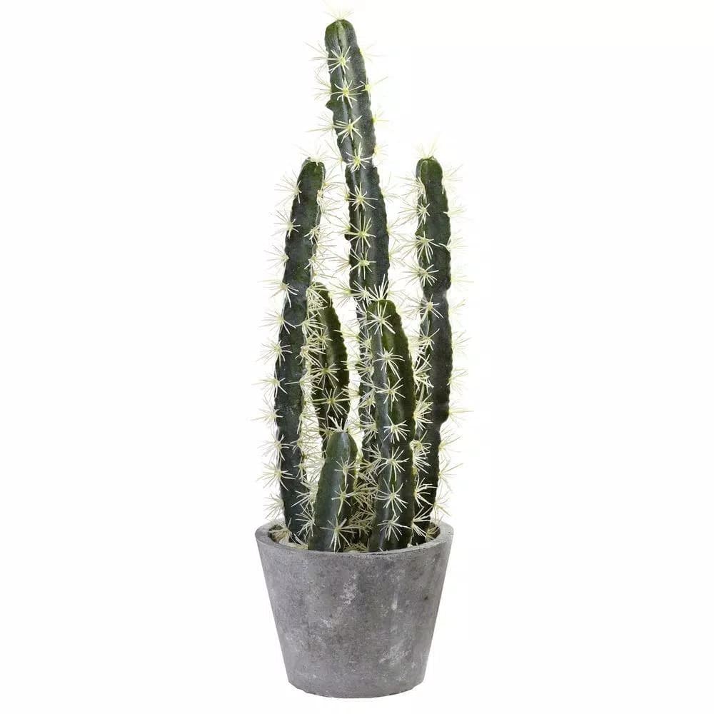 Nearly Natural Decorative Tall Cactus Collection with Modern Cement Planter and White River Rocks