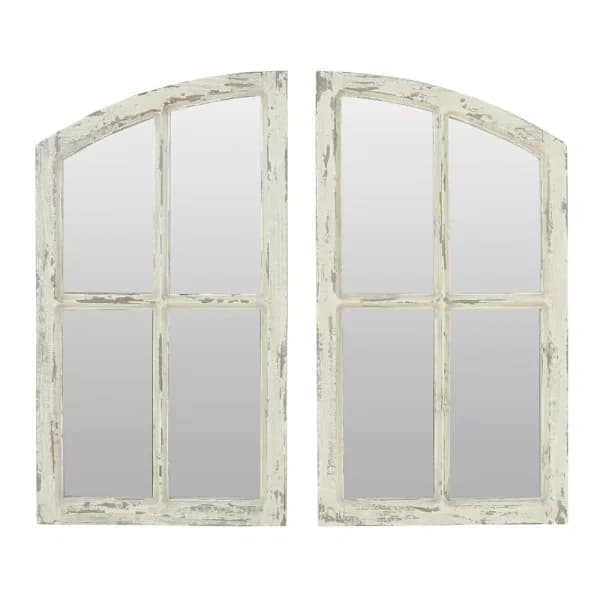 Aspire Home Accents Pueblo Distressed Off-White Wood Arch Windowpane Mirror Set (27 x 15 in.)