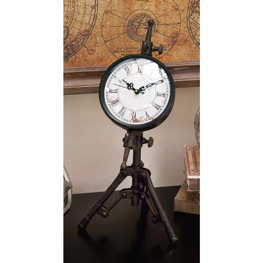 LITTON LANE Classical 14 in. Rusted Black Iron Tripod Table Clock with Alarm