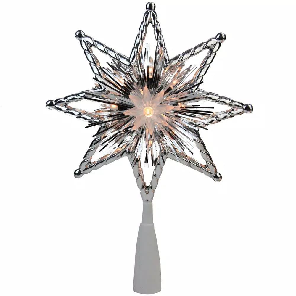 Northlight 8 in. Retro Silver Tinsel 8-Point Star Christmas Tree Topper with Clear Lights
