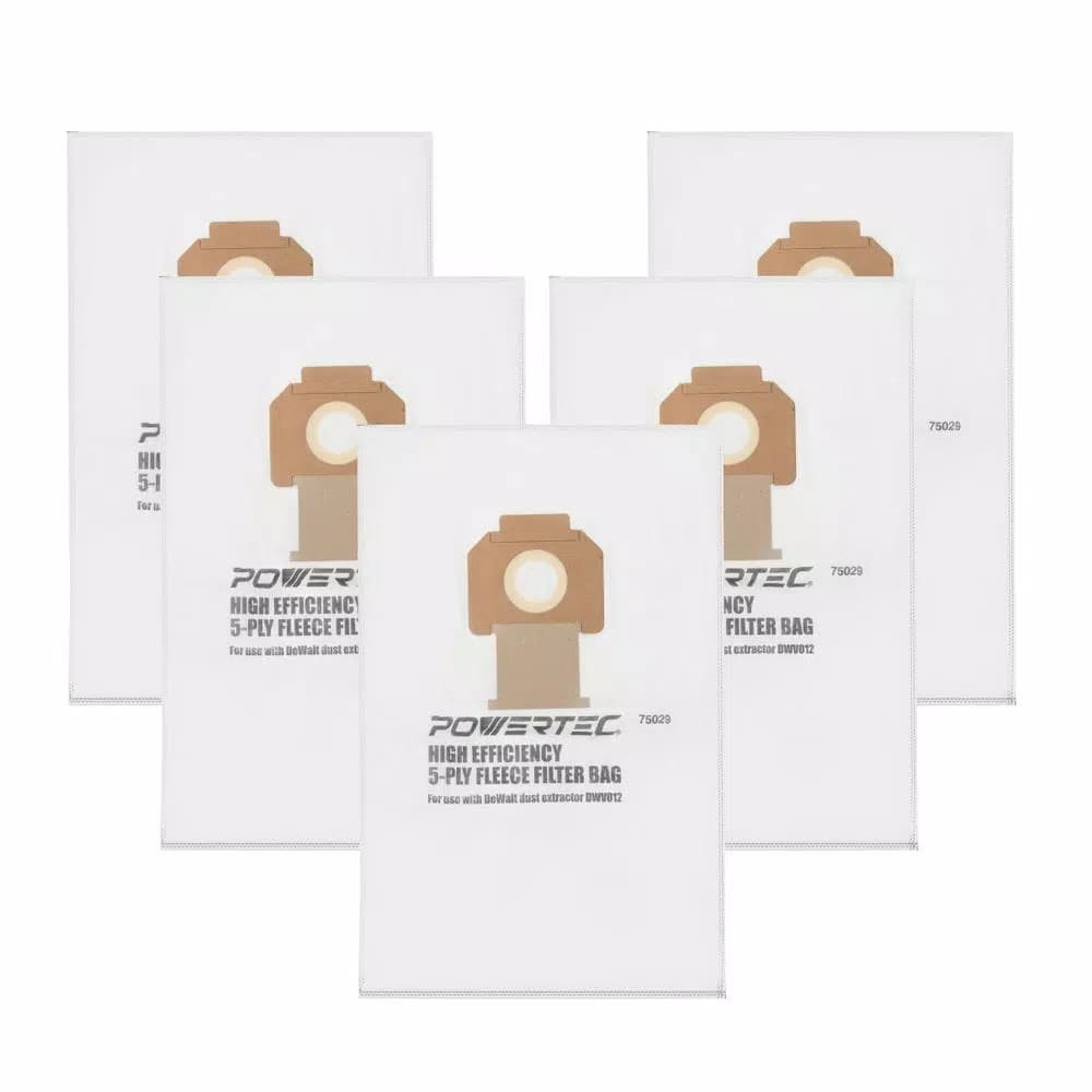 POWERTEC Fleece Filter Bags for DeWalt DWV012 Dust Extractors, HEPA Style, 5-Pack