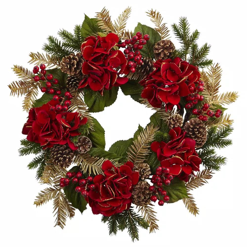 Nearly Natural 24 in. Red Hydrangea and Gold Pine Holiday Wreath