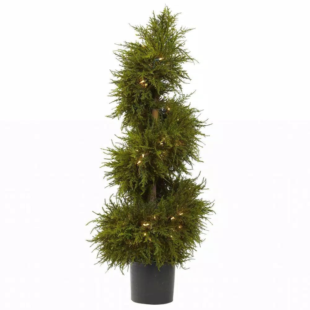 Nearly Natural 43 in. Cedar Spiral Topiary with Lights, Green Artificial Plant in Black Pot
