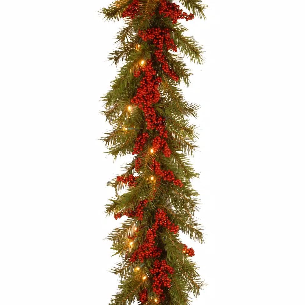 Unbranded 9 ft. Valley Pine Garland with Red Berries and 50 Warm White LED Lights