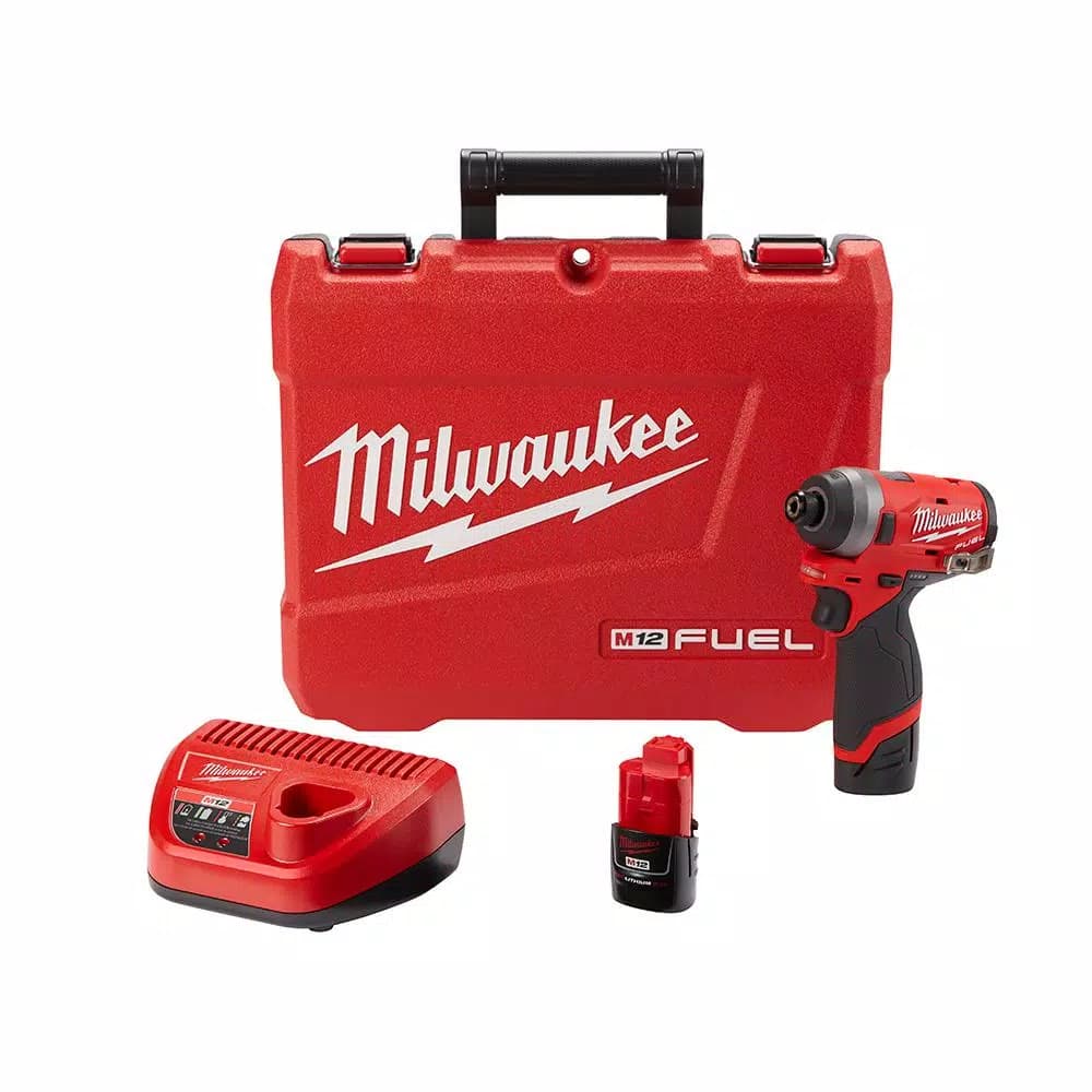 Milwaukee M12 FUEL 12V Lithium-Ion Brushless 1/4 in. Hex Impact Driver Kit with Two 2.0Ah Batteries, Charger & Hard Case