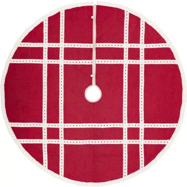 VHC Brands 60 in. Red Margot Farmhouse Christmas Tree Skirt with Diamond Cut Lace