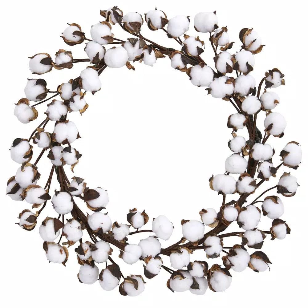 Nearly Natural 20 in. White Cotton Ball Wreath - Rustic Fabric Decor