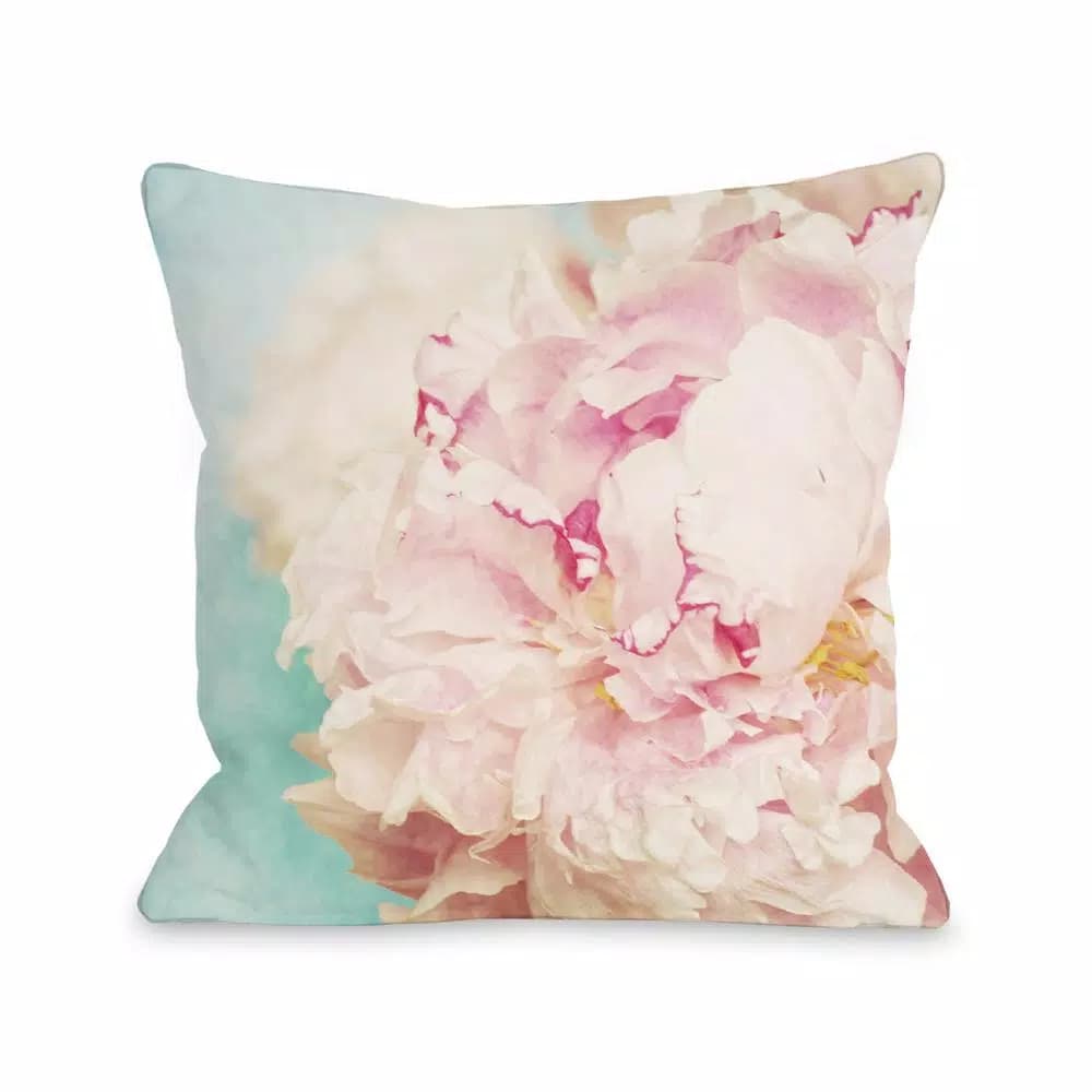 Unbranded One Bella Casa Delicate Peony Turquoise Pink Graphic 16 x 16 in. Throw Pillow