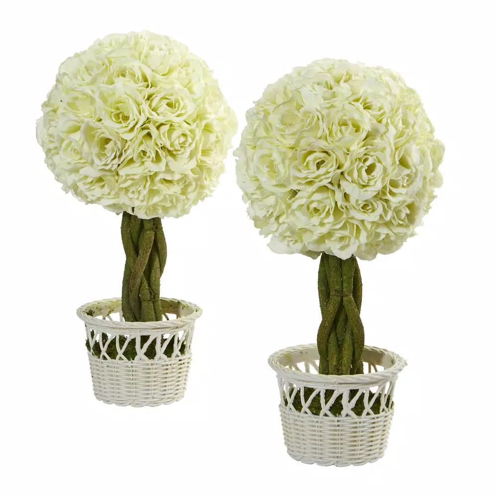 Nearly Natural 13 in. Artificial Rose Topiary Set with White Wicker Pots (Set of 2)