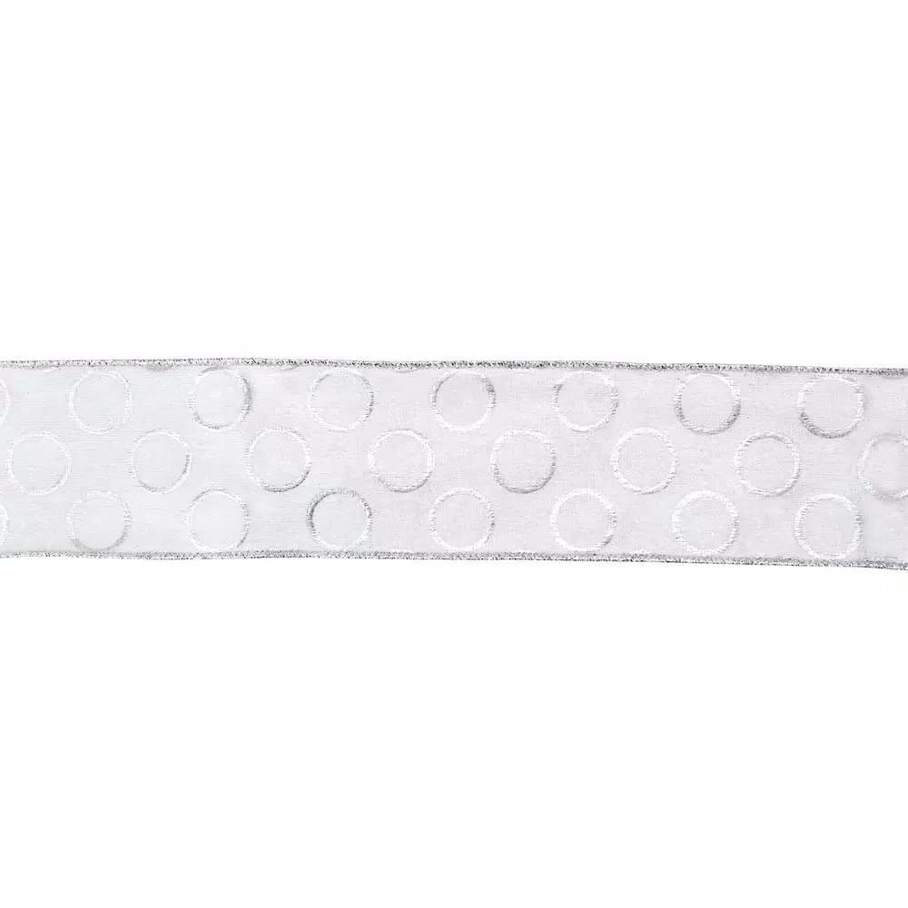 Northlight Snowy White and Metallic Silver Circle Pattern Wired Craft Ribbon, 2.5 in. x 16 yds.