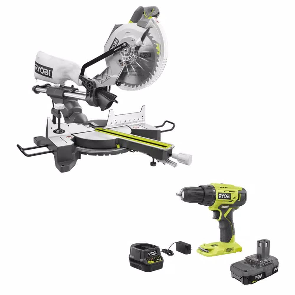 RYOBI 10 in. Sliding Compound Miter Saw and 18V ONE+ 1/2 in. Drill/Driver Kit