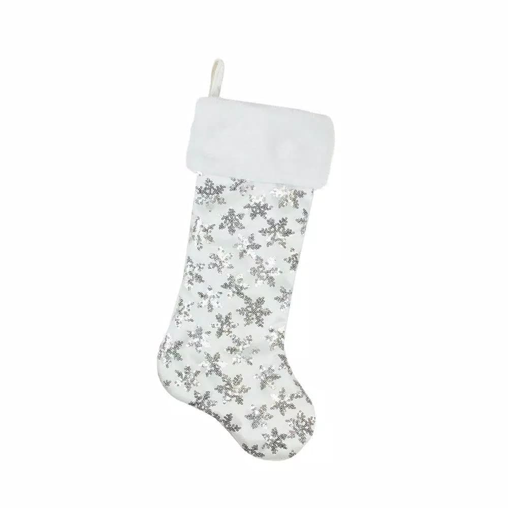 Northlight Ice Palace White and Silver Sequin Snowflake Christmas Stocking with Faux Fur Cuff, 20.5 in.