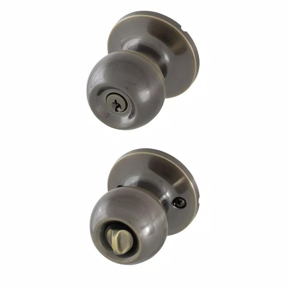 Honeywell Antique Brass Entry Door Knob, Keyed Ball Lock with Thumb Turn