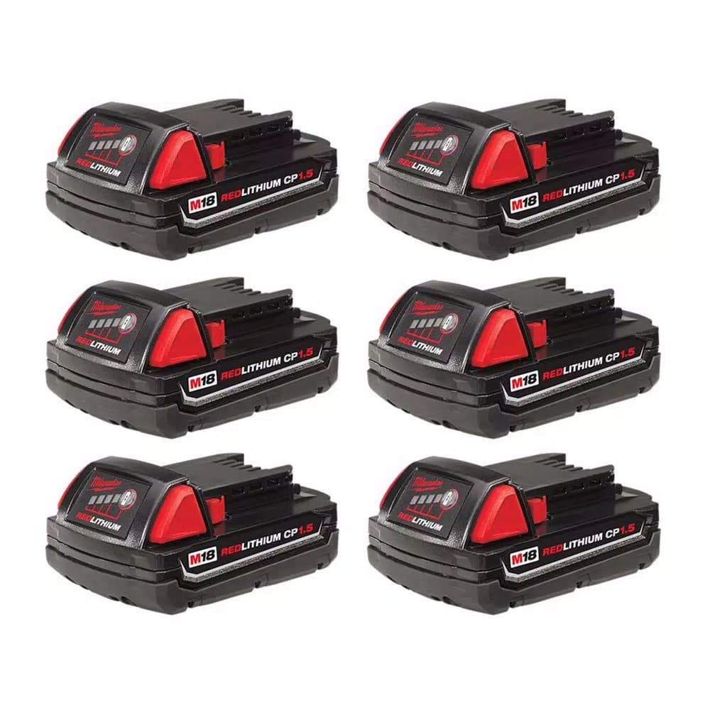 Milwaukee M18 18V Lithium-Ion 1.5Ah Compact Battery Pack, 6-Pack