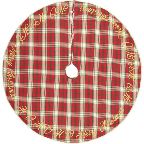 VHC Brands 55 in. Holiday Cherry Red Plaid Cotton Christmas Tree Skirt with Gold Embroidery
