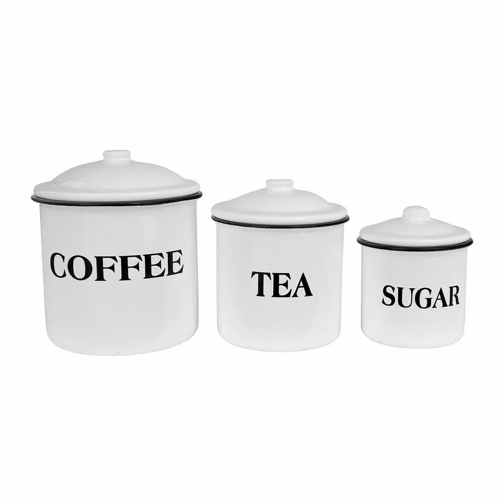 3R Studios 3-Piece White Metal Kitchen Canister Set with Coffee, Tea, and Sugar Labels