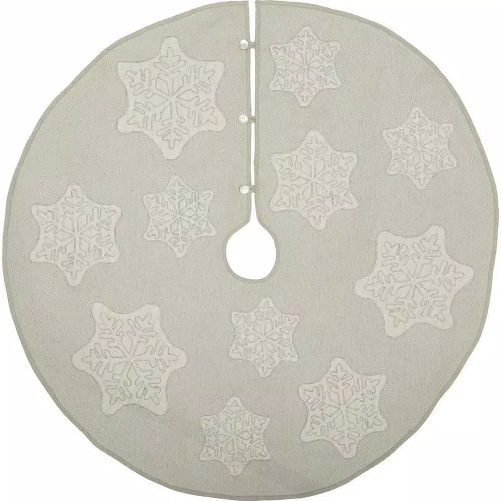VHC Brands Ingrid 48 in. Ash Grey Farmhouse Christmas Tree Skirt with Appliqued Snowflakes