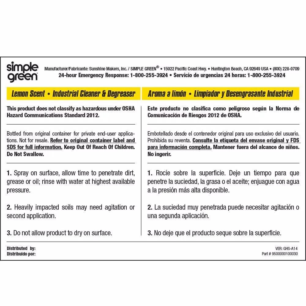 Simple Green Lemon Scent Industrial Cleaner and Degreaser Secondary Labels, Bilingual (10-Pack)