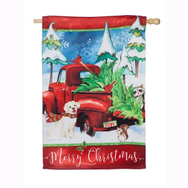 Evergreen Bringing Home the Tree House Suede Christmas Design Double-Sided Flag, 28 in. x 44 in.