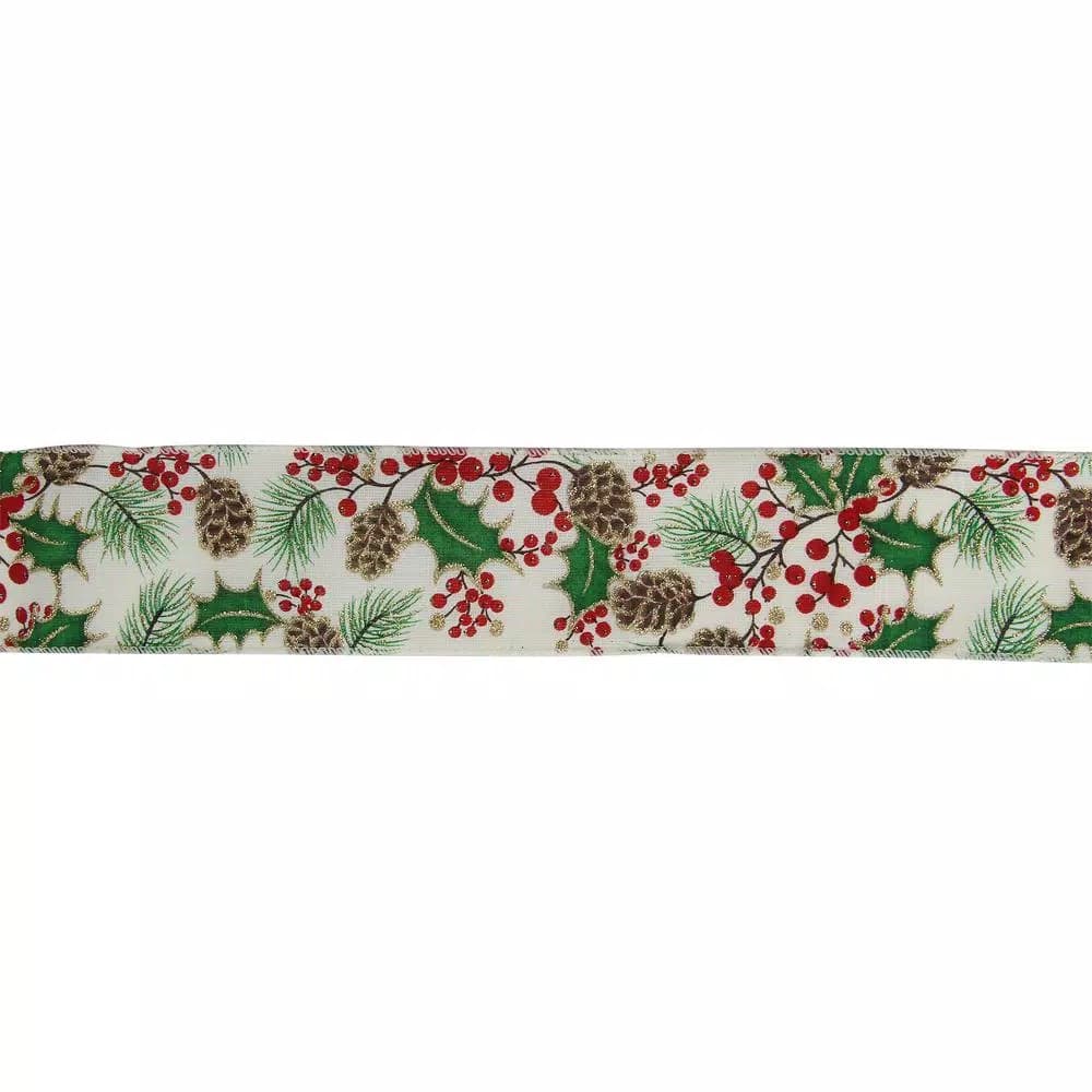 Northlight 2.5 in. x 16 yds. Glitter Holly Berries and Pinecones Cream Wired Ribbon