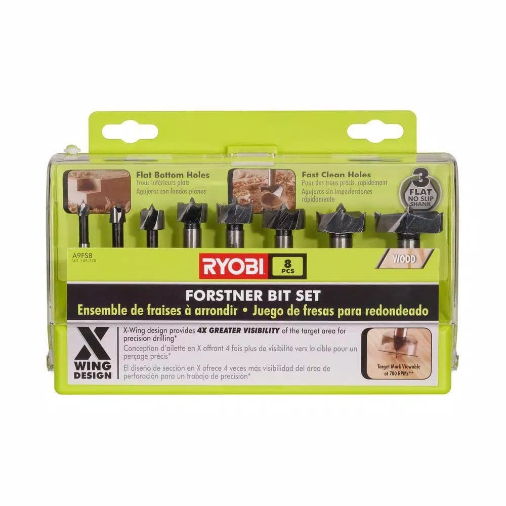 RYOBI 8-Piece Forstner Bit Set with X-Wing Design and 3-Flat Shanks