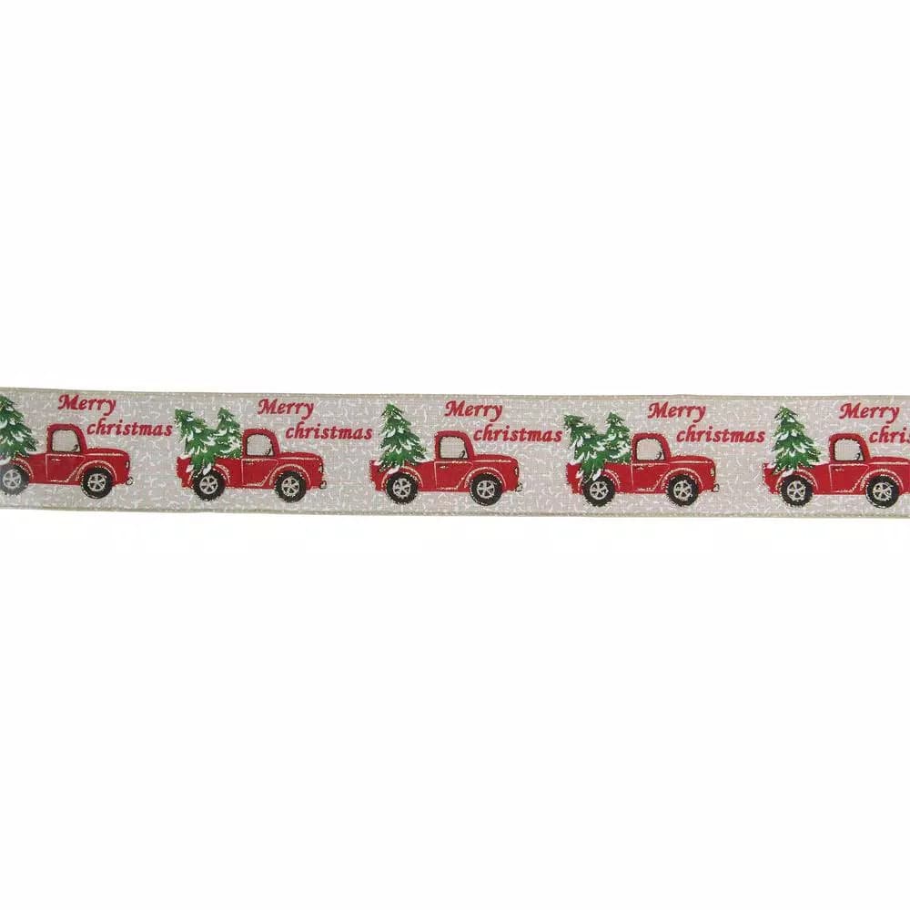 Northlight 2.5 in. x 16 yds. Red Truck and Christmas Tree Wired Burlap Style Ribbon, Beige