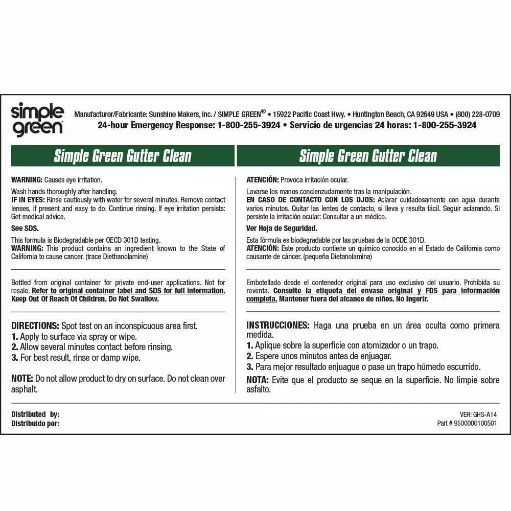 Simple Green Gutter Clean Secondary Labels, Bilingual, 10 Pack