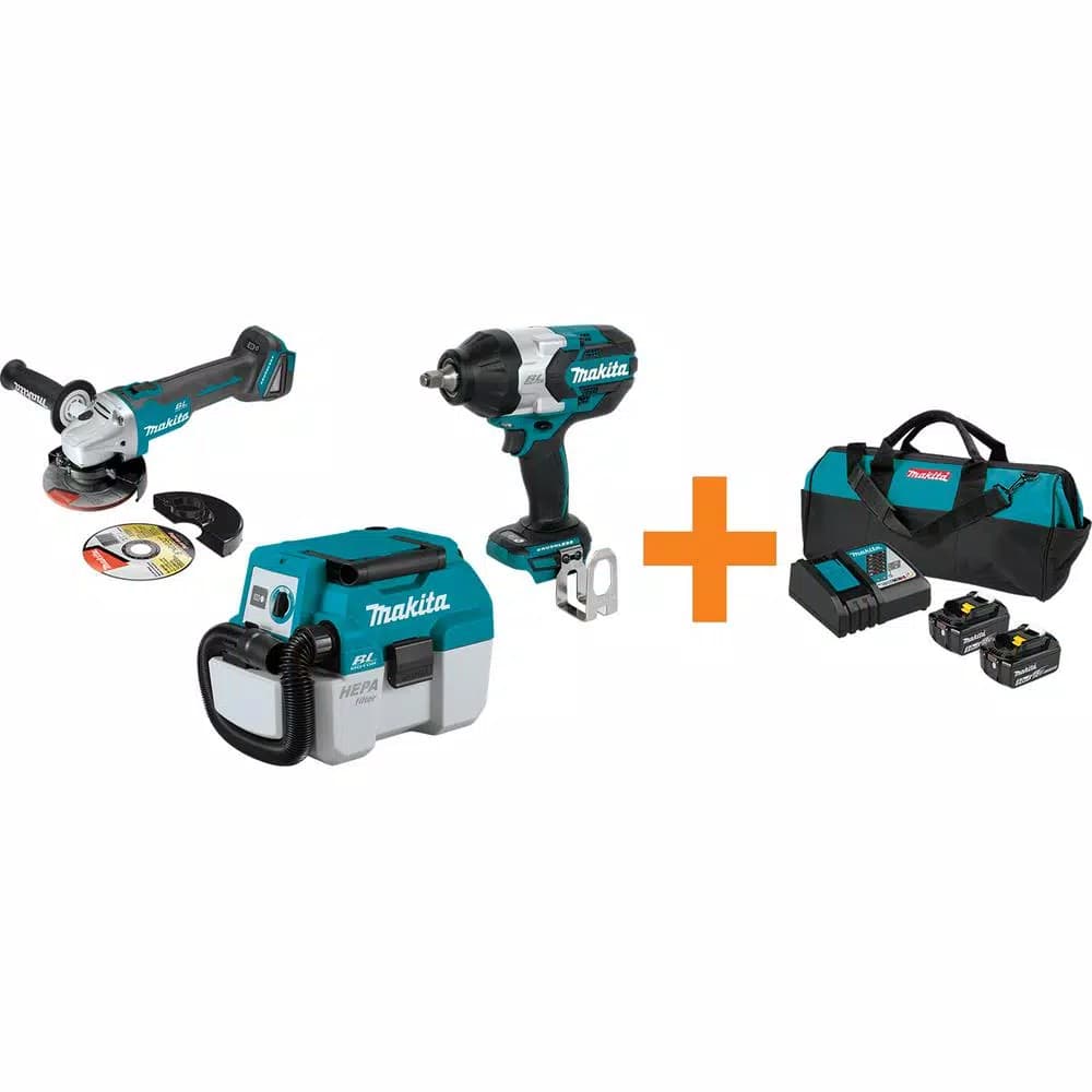 Makita 18V LXT Brushless Angle Grinder, Impact Wrench & 2 Gal. Vacuum Combo Kit with 5.0 Ah Battery & Charger