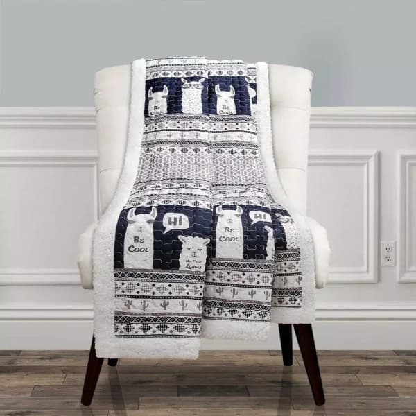 Lush Decor Llama Stripe Navy Sherpa Throw Blanket for Kids