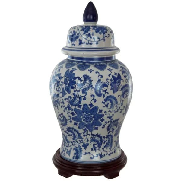 Oriental Furniture 18 in. Blue and White Porcelain Decorative Temple Jar Vase