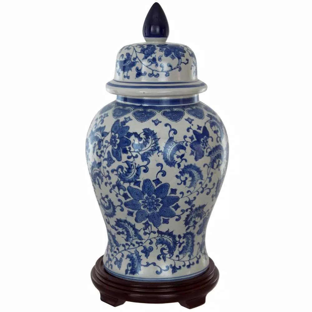 Oriental Furniture 18 in. Blue and White Porcelain Decorative Temple Jar Vase