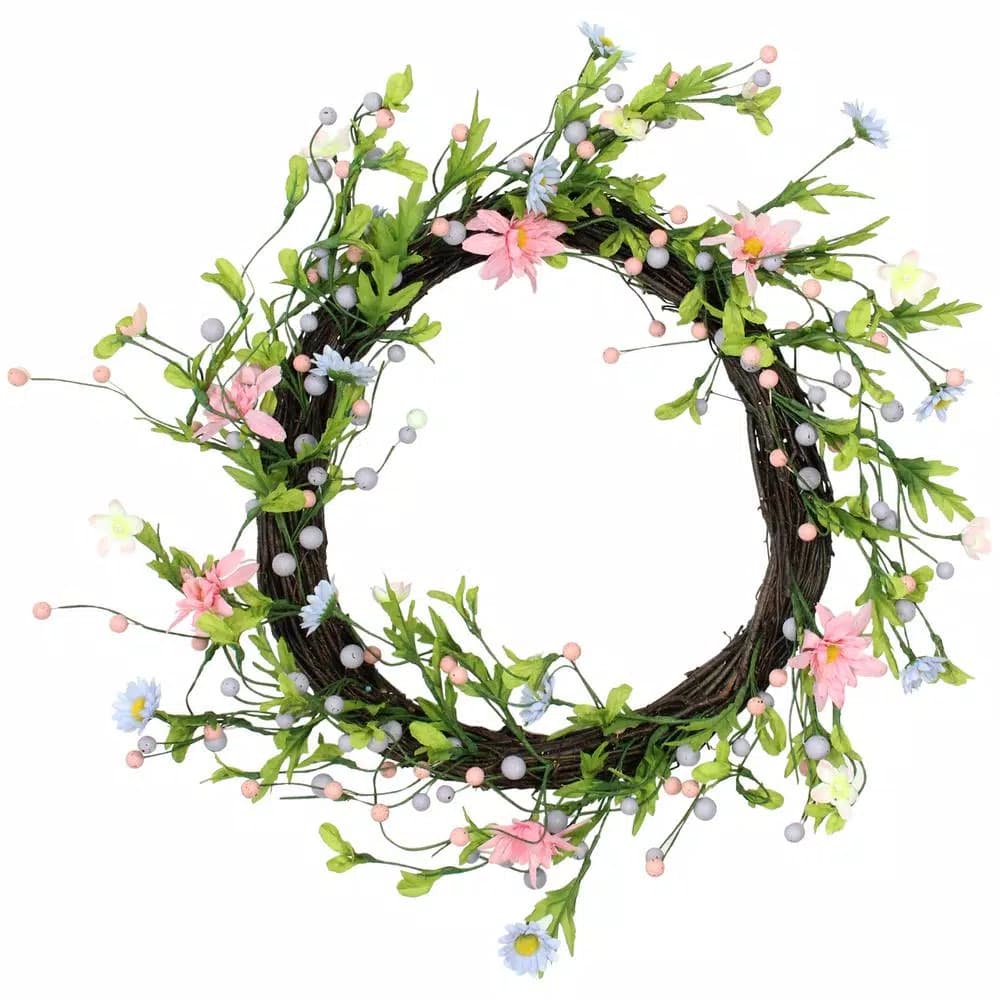 Northlight 15 in. Artificial Spring Floral Twig Wreath - Pink, Purple, and Green Daisy Decor